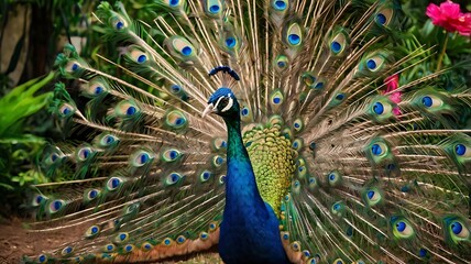 Obraz premium Peacock , Vibrant Peacock Displaying Its Magnificent Feathers in a Colorful Garden Setting
