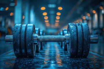 Powerful dumbbell in gym setting, close-up, dark blue tones, bokeh background.  Represents strength, fitness, and healthy lifestyle.