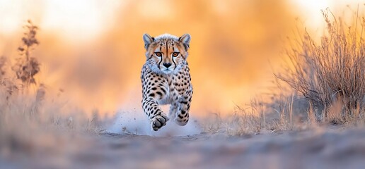 Cheetah running in golden hour.
