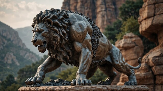 Statue of Heracles wrestling the Nemean Lion, in a dynamic pose subduing the beast, with rugged wilderness as the backdrop, carvings emphasizing his unmatched strength and fierce determination.