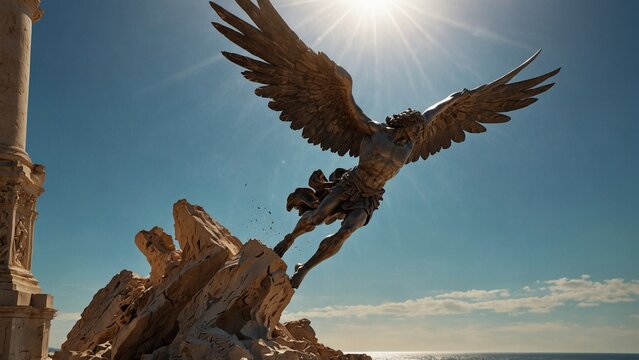 Statue of Icarus falling with shattered wings, against a backdrop of the blazing sun and the azure sea, carvings depicting his longing and despair.