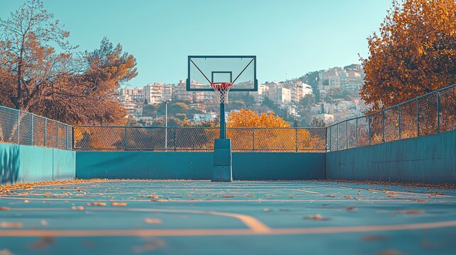 Outdoor basketball court with a hoop under a clear blue sky, surrounded by autumn trees and city buildings, showcasing a peaceful urban sports setting.