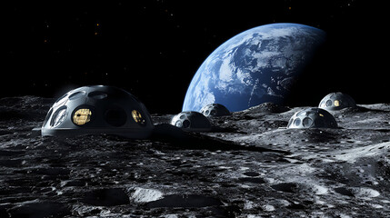 Sci-fi moon base with interconnected buildings, earth looming large in the distance, lunar surface filled with rocks and craters, moon colonization, futuristic space living. Looming. Illustration