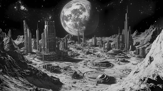 Sci-fi moon base with interconnected buildings, earth looming large in the distance, lunar surface filled with rocks and craters, moon colonization, futuristic space living. Looming. Illustration