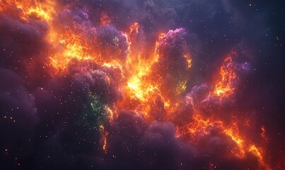 Fototapeta premium Fiery nebula with orange, purple, and green glowing clouds in space.