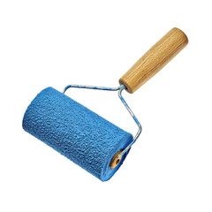 Obraz premium Blue Paint Roller with Wooden Handle Isolated on PNG Transparent Background