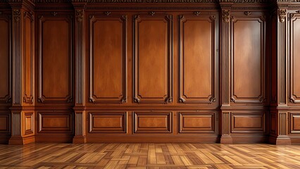 Fototapeta premium Close-up of premium luxury wooden paneling with ornate columns and warm lighting. Classic interior design perfect for elegance and sophistication concepts.