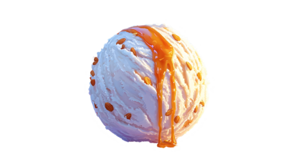 Decadent Vanilla Ice Cream Scoop Drizzled in Caramel Against Vibrant Sunset Sky