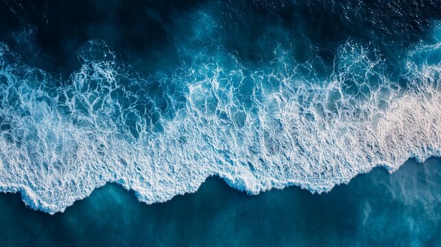 Powerful ocean waves crashing on the shore, seen from above.