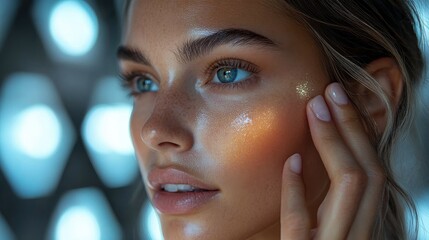 A close-up portrait of a woman showcasing glowing skin and vibrant blue eyes.