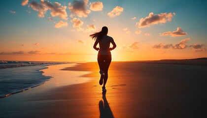 Serene Run: A Woman's Silhouette Illuminated by Sunrise on the Beach