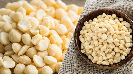 of macadamia nuts, overlaid with an image of essential nutrients, highlighting their nutritional value. | [Nuts]:[Superfood] 