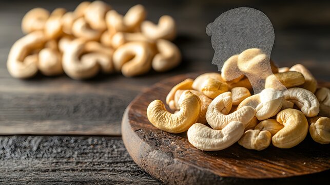 of cashews, integrated with an image of a serene mind, symbolizing stress reduction properties. | [Nuts]:[Superfood] 