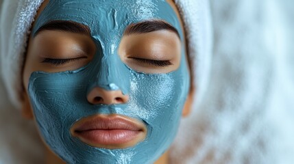 A woman relaxes with a blue facial mask, promoting skincare and self-care.