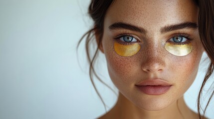 A close-up of a woman with gold eye patches, emphasizing skincare and beauty.