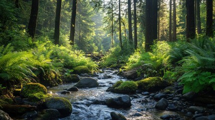Fototapeta premium Forest stream flows through trees and ferns on a sunny day.