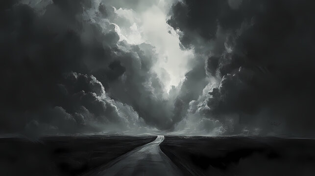 Dark storm clouds loom lonely road leading unknown destination amidst heavy. Looming. Illustration