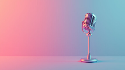 a microphone on a blue background with copy space, a banner design.  Made by AI