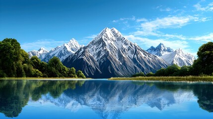 Fototapeta premium Crystal-Clear Lake Reflecting Snow-Capped Mountains Surrounded by Lush Green Forests Under a Bright Blue Sky, Showcasing the Serenity and Natural Beauty of an Idyllic Alpine Landscape