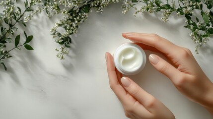 A person holding a jar of cream surrounded by delicate flowers on a light surface.