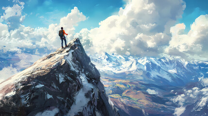 Goal looming on the horizon as the climber reaches for the summit, the final stretch within sight. Looming. Illustration