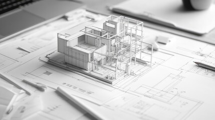 Architectural model and blueprints on a desk.