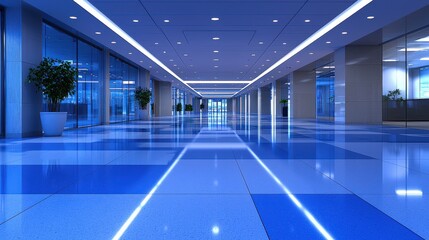 Fototapeta premium Modern office hallway with blue floor, glass walls, and sleek lighting. Perfect for corporate or architectural design.