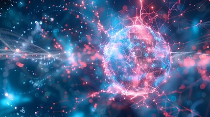 Abstract digital sphere with glowing lines and particles on a dark blue background.