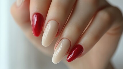 A close-up of elegantly manicured nails with a mix of red and nude polish.
