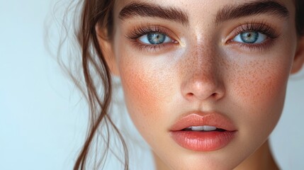 Close-up portrait of a young woman with striking features and natural makeup.