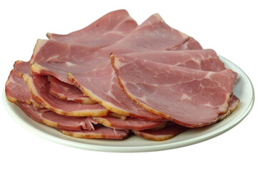 Sliced Ham Arranged on Plate, Isolated on PNG Transparent Background