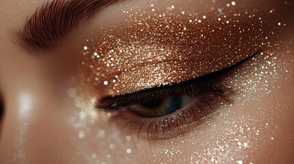 Close-up of a glittery eye makeup look featuring shimmering gold tones.