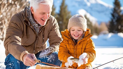 Obraz premium Father son happy smiling winter concept. A joyful grandfather and his grandson play together in the snow, building a snowman under a bright winter sky with mountains in the background.