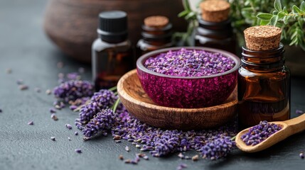 Lavender products including essential oils and dried flowers for relaxation and wellness.
