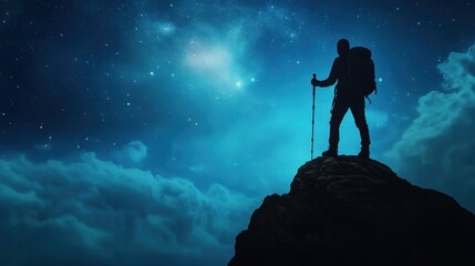 Adventurous climber reaching for the stars mountain peak nighttime landscape inspiring sky silhouette viewpoint