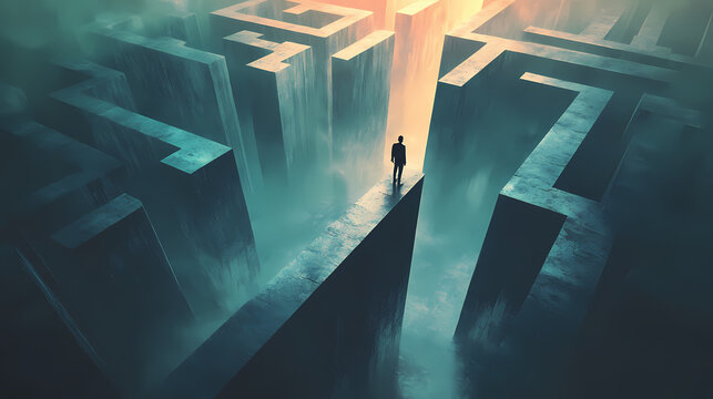 A man stuck in a labyrinthlike maze, surrounded by confusing paths and looming walls, conveying a sense of isolation and confusion, aigenerated, highdefinition, resolution. Looming. Illustration