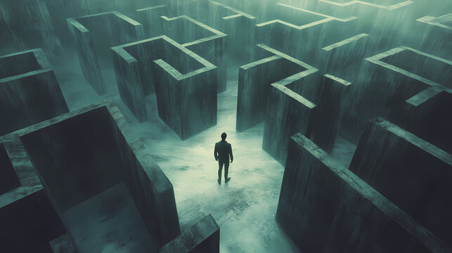 A man stuck in a labyrinthlike maze, surrounded by confusing paths and looming walls, conveying a sense of isolation and confusion, aigenerated, highdefinition, resolution. Looming. Illustration