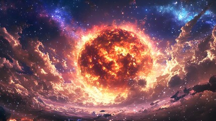 Fototapeta premium Fiery Celestial Body Amidst Starry Cloudscape