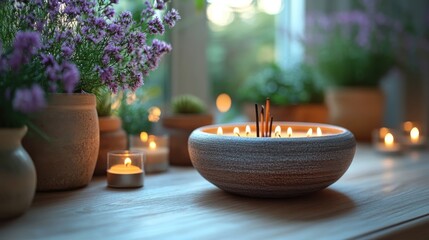 A serene setting featuring candles and incense surrounded by potted plants.