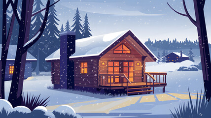 Fototapeta premium A cozy wooden cabin in a snowy forest landscape, surrounded by tall trees and a cloudy sky.
