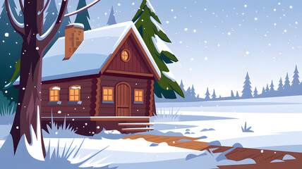 A cozy wooden cabin in a snowy forest landscape, surrounded by tall trees and a cloudy sky.