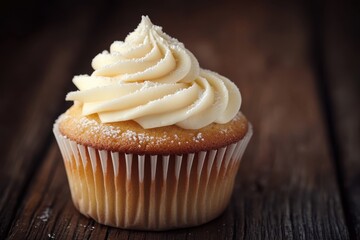 Delicious Vanilla Cupcake with Creamy Frosting and Sprinkles Surrounded by Rustic Wooden Background for Charming Dessert Photography