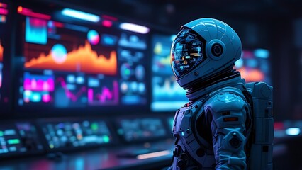A cinematic photograph of an astronaut in front of a digital stock market display, blending space exploration with financial data imagery.