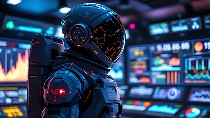 A cinematic photograph of an astronaut in front of a digital stock market display, blending space exploration with financial data imagery.