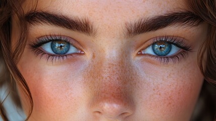 Close-up of a young person's face highlighting striking blue eyes and freckles.