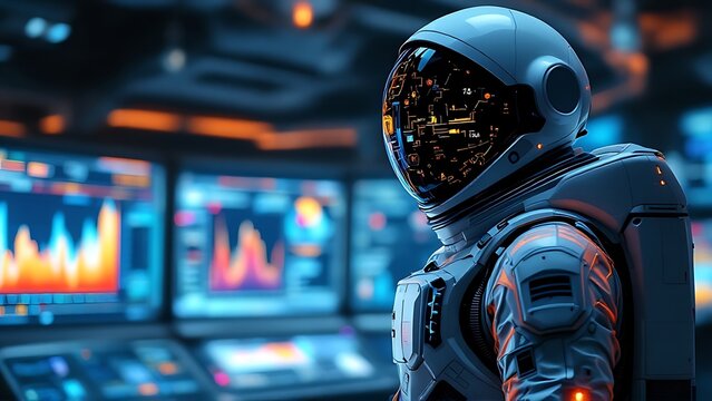 A cinematic photograph of an astronaut in front of a digital stock market display, blending space exploration with financial data imagery. - Powered by Adobe