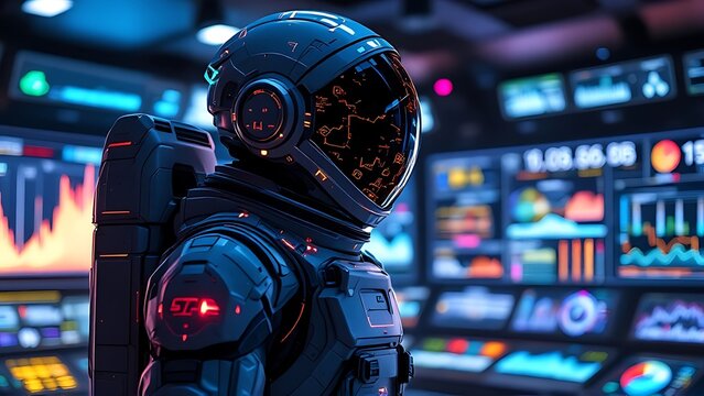 A cinematic photograph of an astronaut in front of a digital stock market display, blending space exploration with financial data imagery.