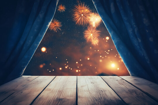 Rustic wooden table by a window with blue curtains, overlooking festive fireworks and glowing sparkles in a starry night sky. Perfect for New Year events, Christmas, or holiday celebration themes.
