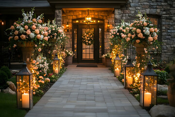 Fototapeta premium Elegant entrance adorned with flowers and lanterns, creating a welcoming atmosphere.