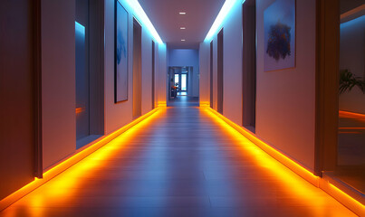 A modern hallway illuminated with blue and orange LED lights, creating a vibrant atmosphere.
